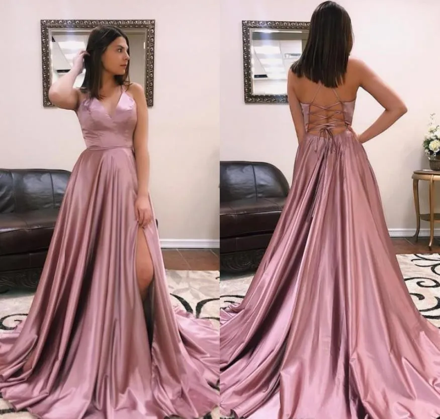 Cross Back Sweep Train Sexy Prom Dresses Modest V Neck Formal Evening Dress
