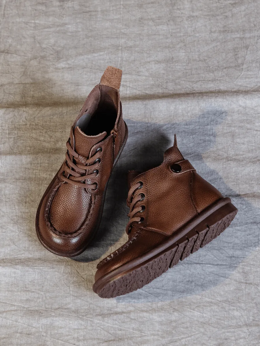 Curved Leather Combat Boots - Brown