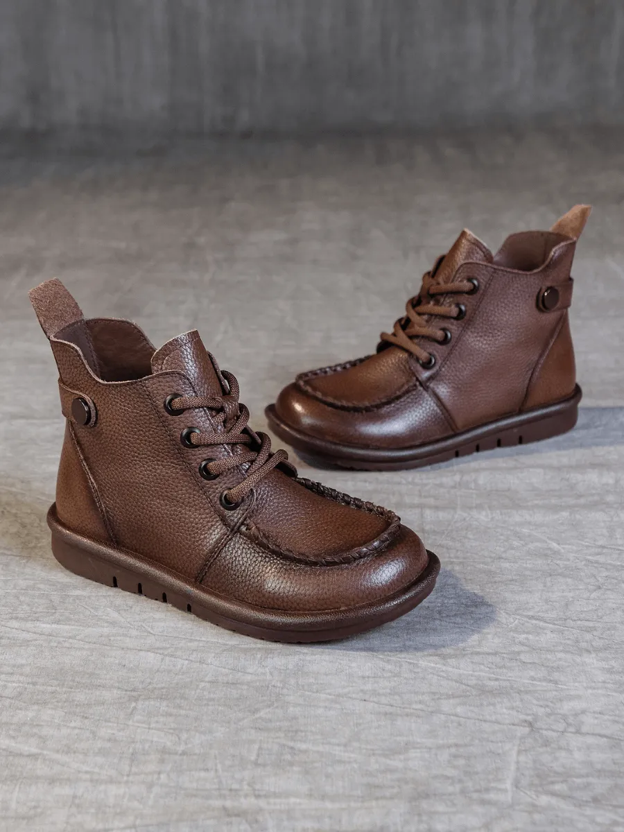 Curved Leather Combat Boots - Brown