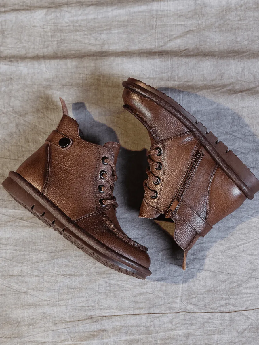 Curved Leather Combat Boots - Brown