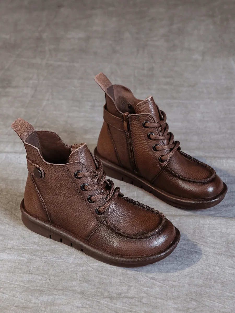 Curved Leather Combat Boots - Brown