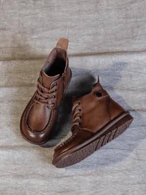 Curved Leather Combat Boots - Brown