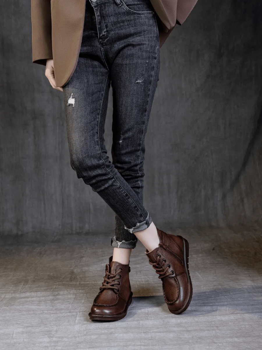 Curved Leather Combat Boots - Brown