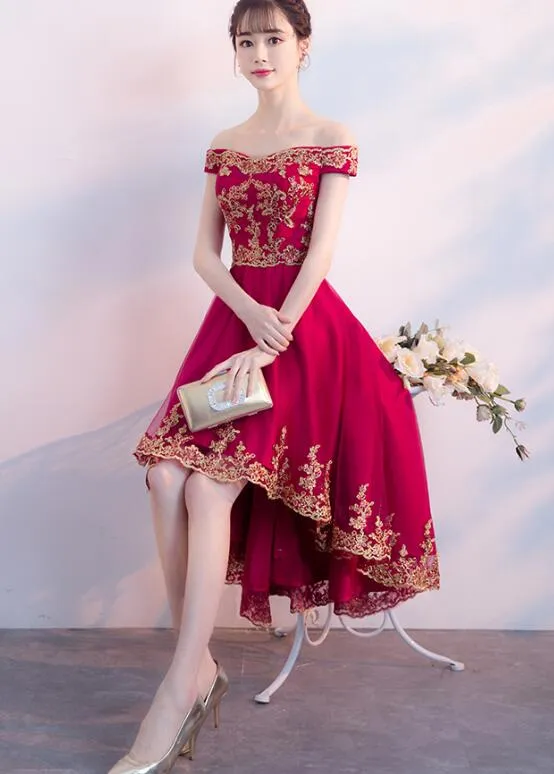 Dark Red Homecoming Dress , High Low Off Shoulder Party Dress