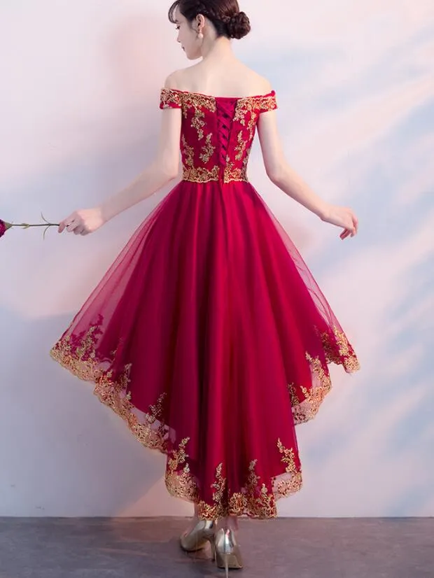 Dark Red Homecoming Dress , High Low Off Shoulder Party Dress