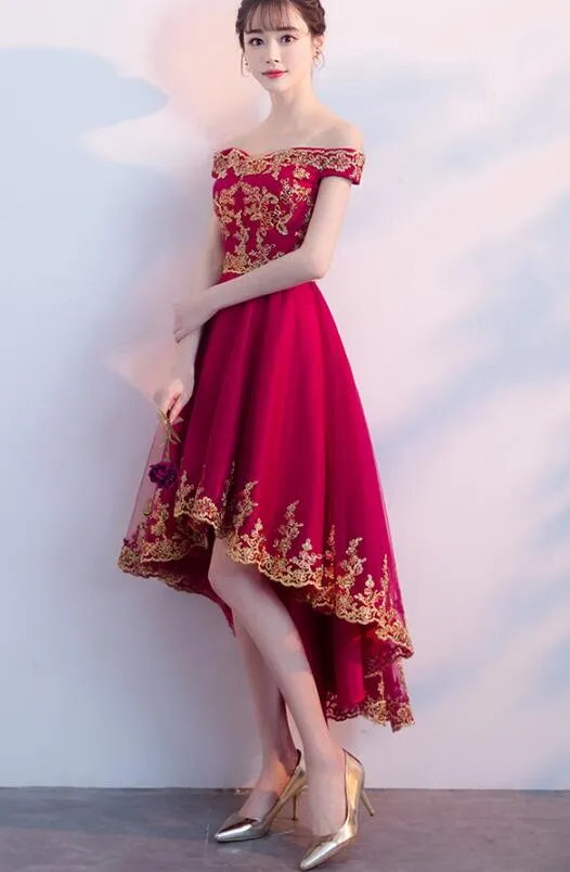 Dark Red Homecoming Dress , High Low Off Shoulder Party Dress