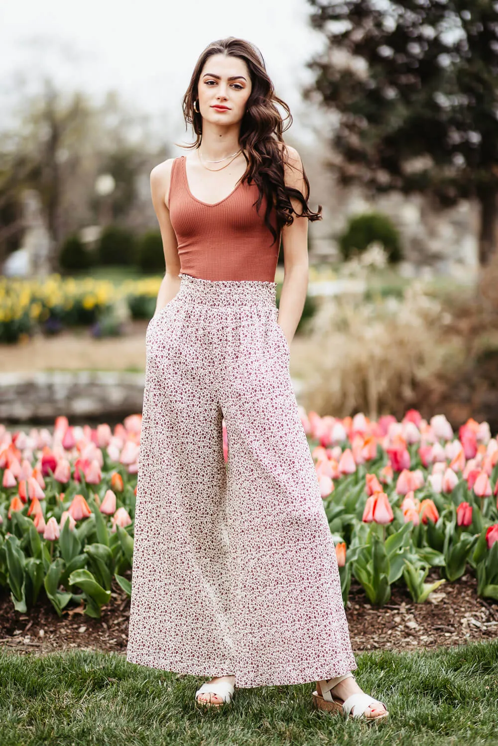 Ditsy Floral Smocked Waist Wide Leg Pants for Women in White Floral | NP70125-WHITEFLORAL