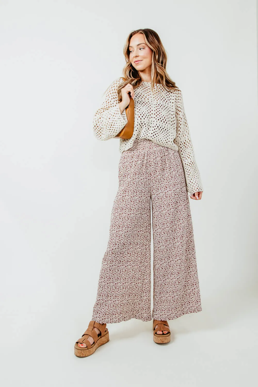 Ditsy Floral Smocked Waist Wide Leg Pants for Women in White Floral | NP70125-WHITEFLORAL