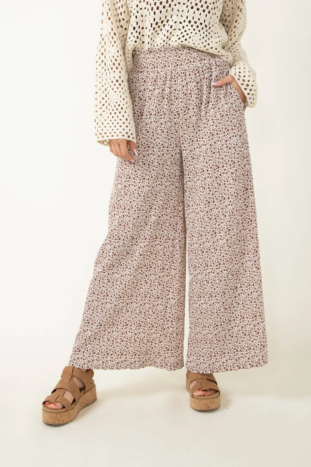 Ditsy Floral Smocked Waist Wide Leg Pants for Women in White Floral | NP70125-WHITEFLORAL