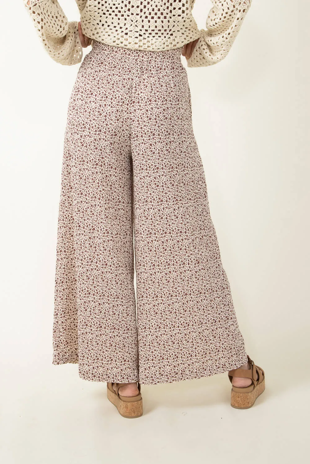 Ditsy Floral Smocked Waist Wide Leg Pants for Women in White Floral | NP70125-WHITEFLORAL