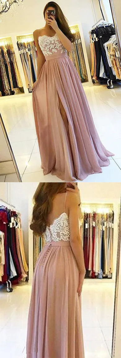 Dusty Rose Spaghetti Straps Lace Bodice Long Prom Dresses with Slit, SP349