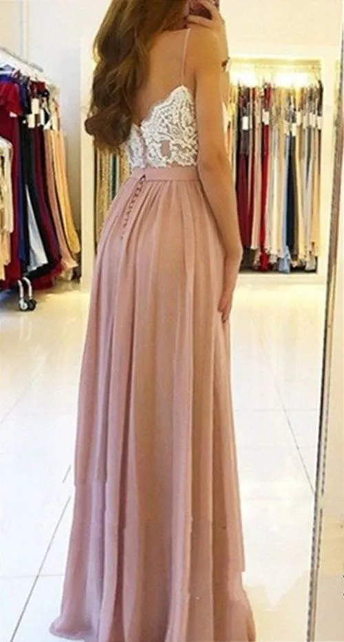 Dusty Rose Spaghetti Straps Lace Bodice Long Prom Dresses with Slit, SP349