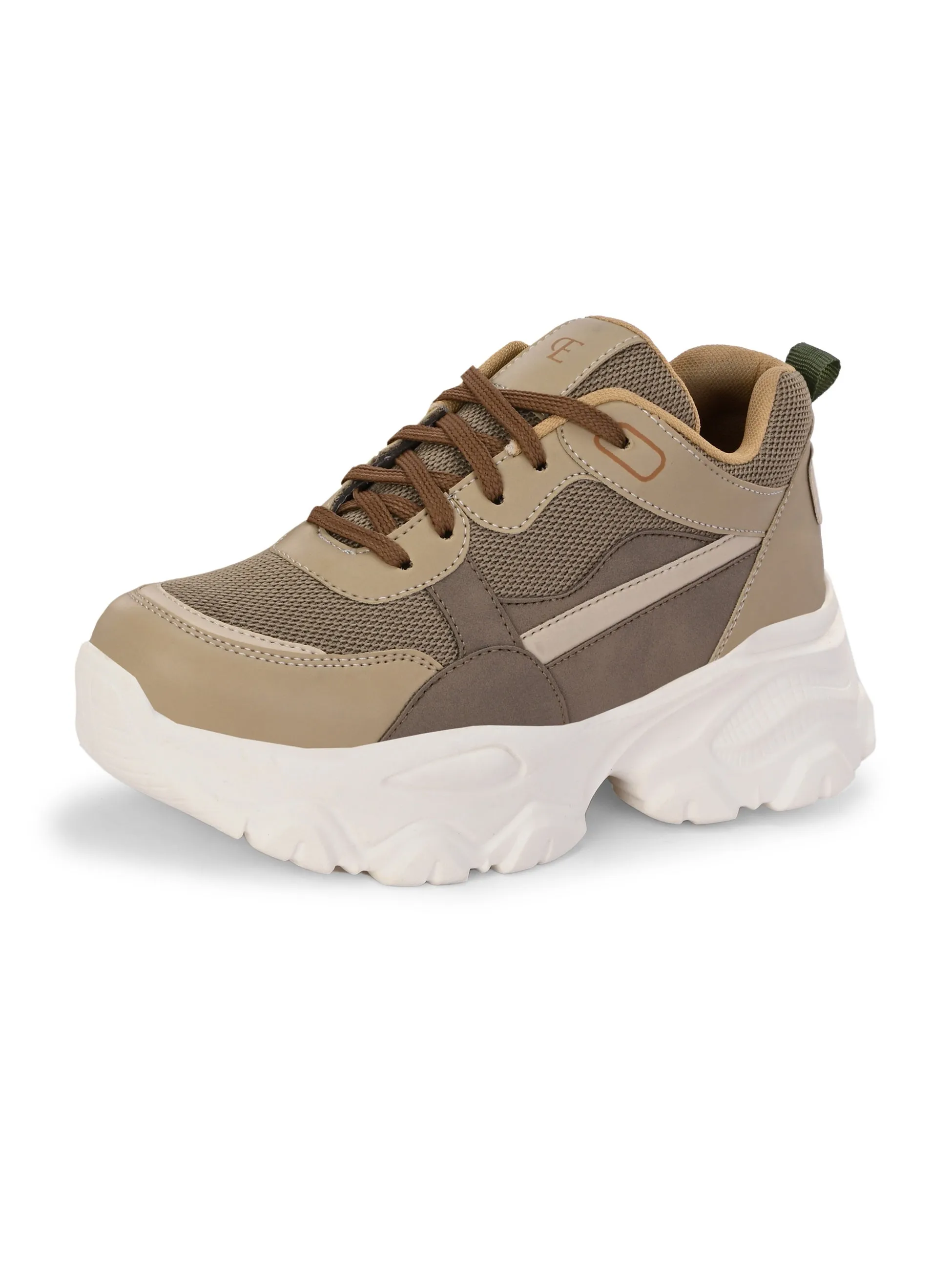 EL PASO Women Beige Faux Leather Casual Lace Up Sneakers