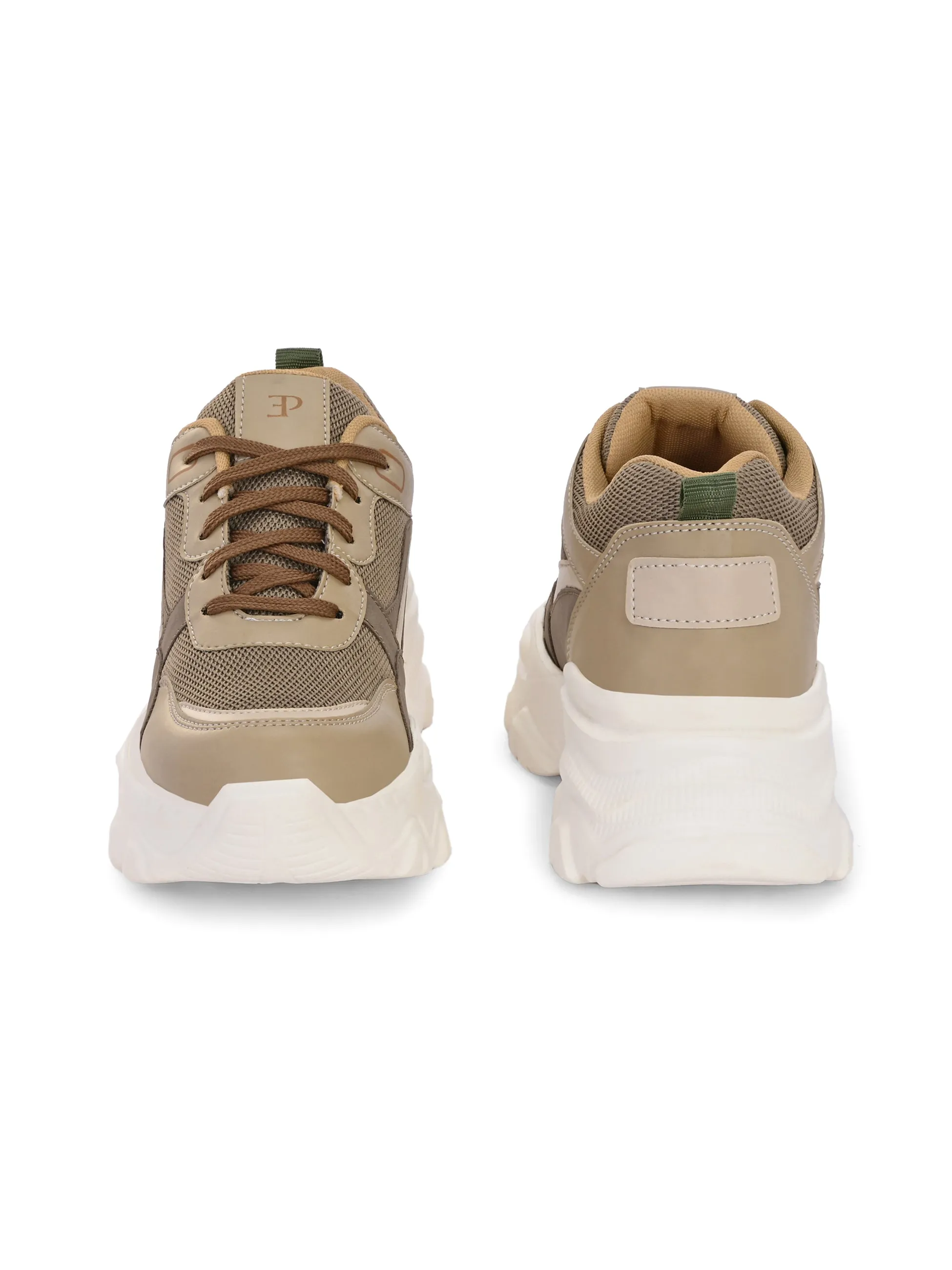 EL PASO Women Beige Faux Leather Casual Lace Up Sneakers