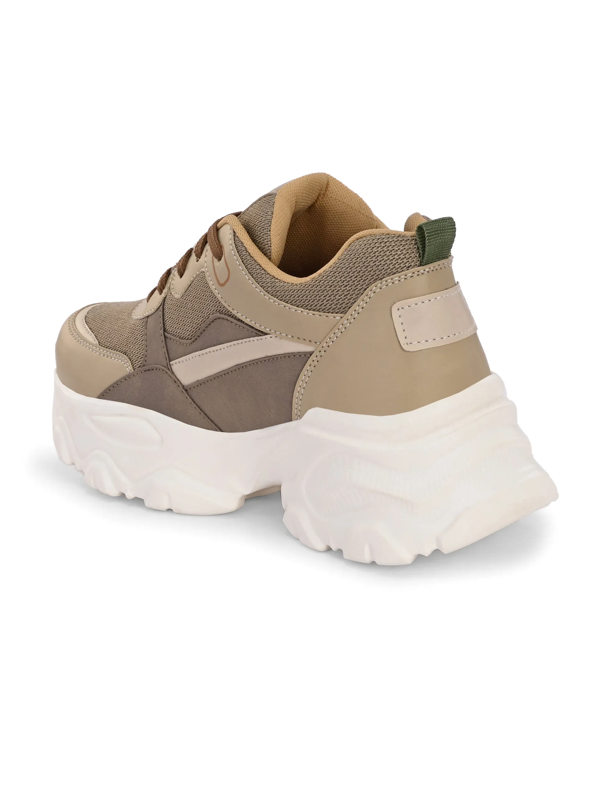 EL PASO Women Beige Faux Leather Casual Lace Up Sneakers