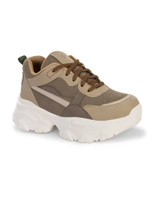 EL PASO Women Beige Faux Leather Casual Lace Up Sneakers