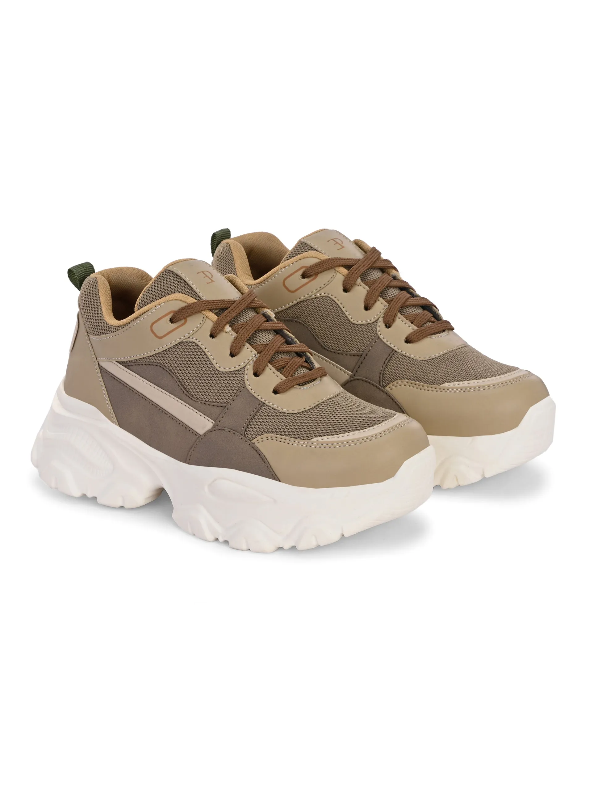 EL PASO Women Beige Faux Leather Casual Lace Up Sneakers