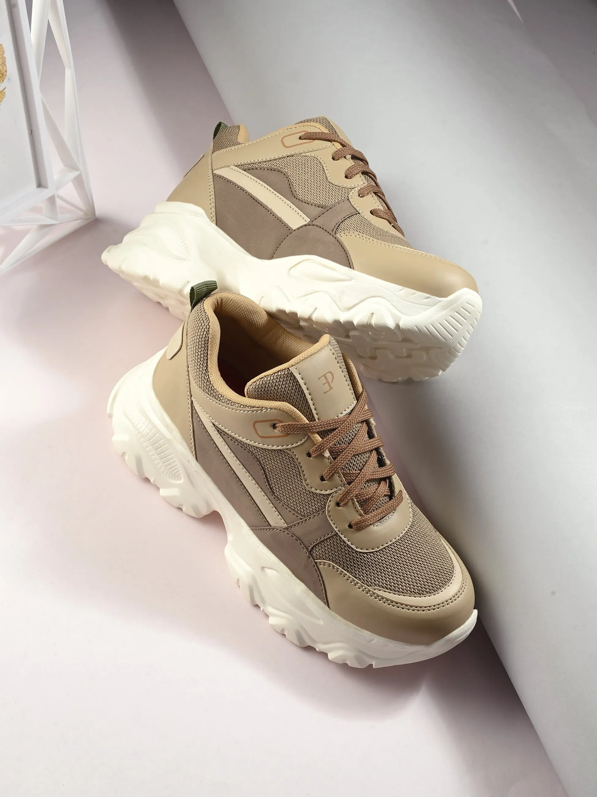 EL PASO Women Beige Faux Leather Casual Lace Up Sneakers