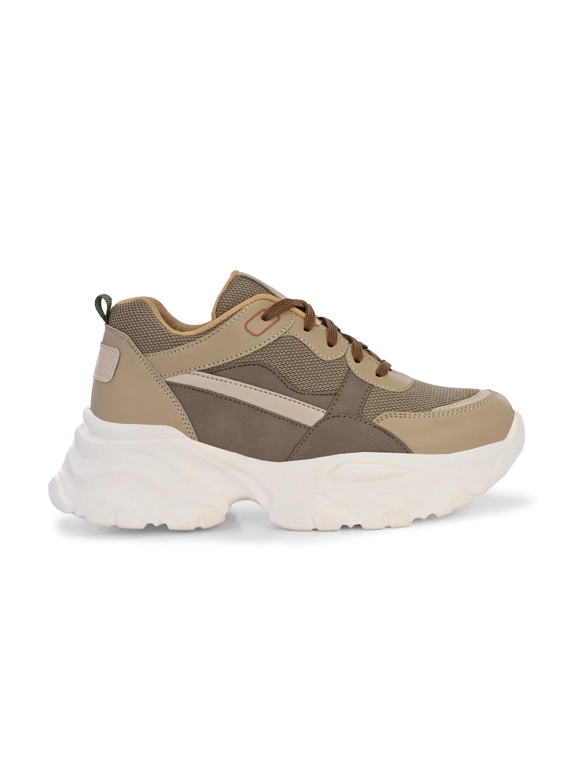 EL PASO Women Beige Faux Leather Casual Lace Up Sneakers