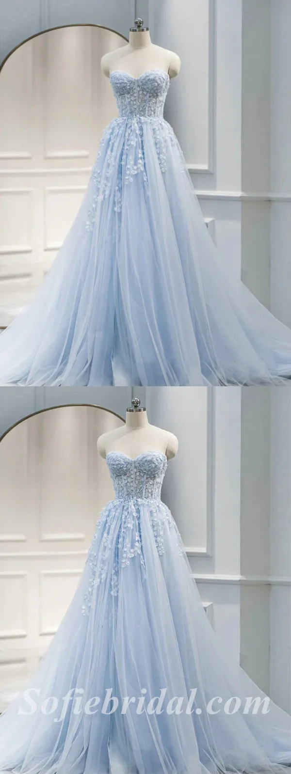 Elegant Blue Tulle Sweetheart V-Neck Sleeveless A-Line Long Prom Dresses/Ball Gown With Applique,SFPD0520