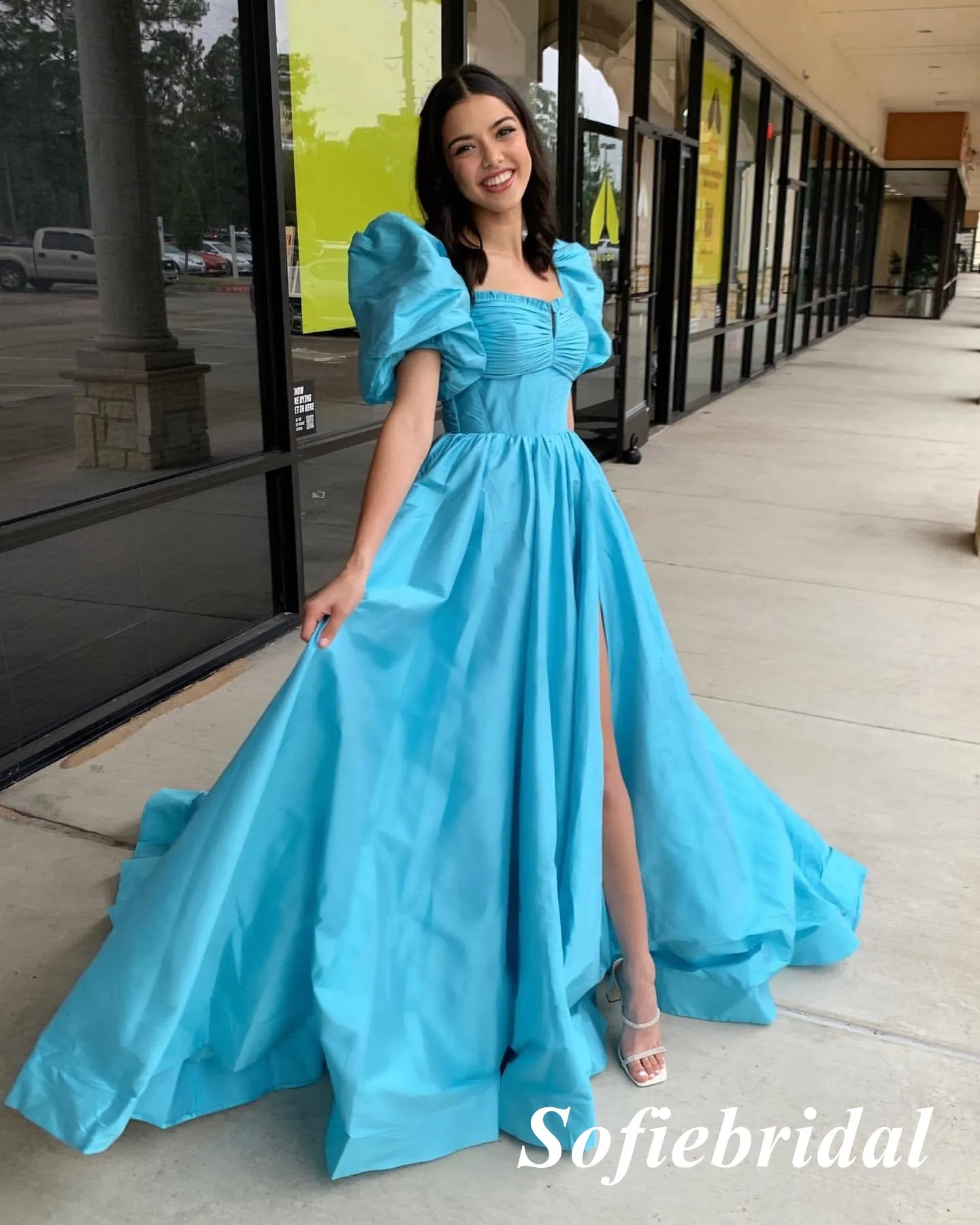 Elegant Satin Half Sleeves Side Slit A-Line Floor Length Prom Dress With Bow Tie, PD01042