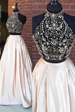 Elegant Two Piece Beaded High Neck Long Prom Dresses, Cheap Evening Dress, MP204