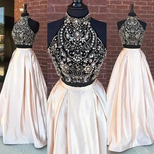 Elegant Two Piece Beaded High Neck Long Prom Dresses, Cheap Evening Dress, MP204