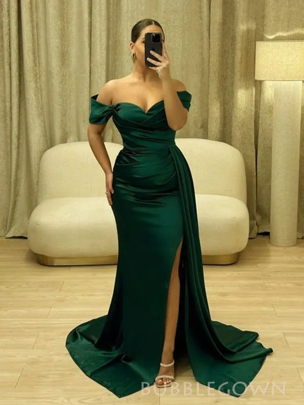 Emerald Green Satin Mermaid Off Shoulder Long Evening Prom Dresses, BGS0344