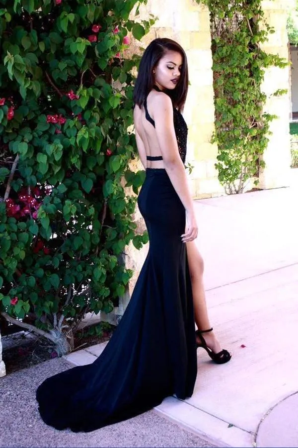 Fabulous Black Halter Mermaid Side Split Open Cross Back Prom Dresses, MP428