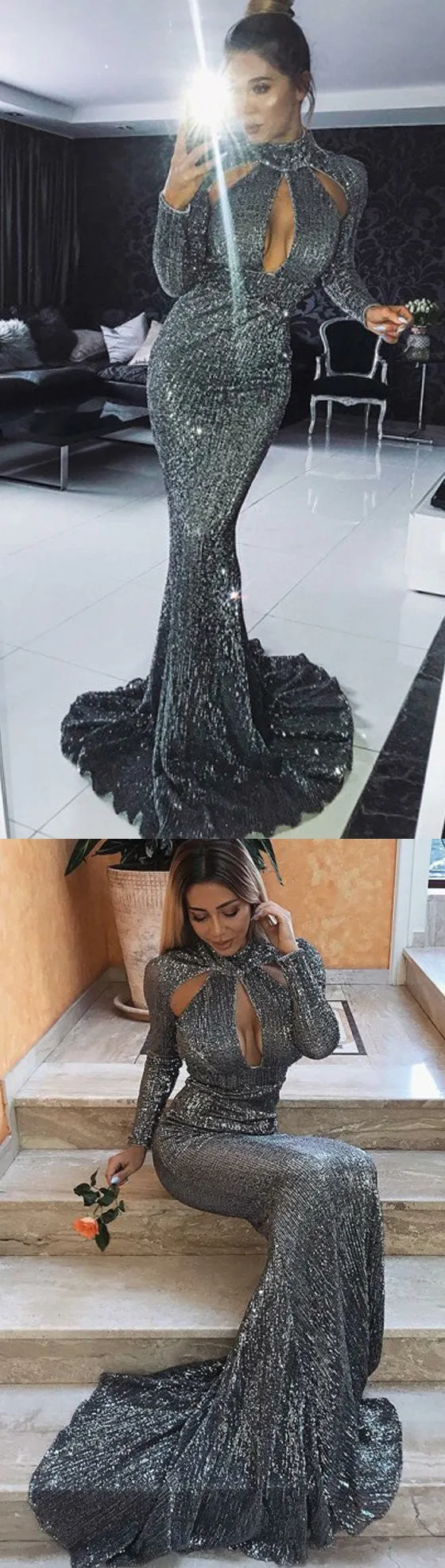 Fashion Long Sleeves Sequin Mermaid Shinning Sweep Train Cheap Prom Dress OKE51