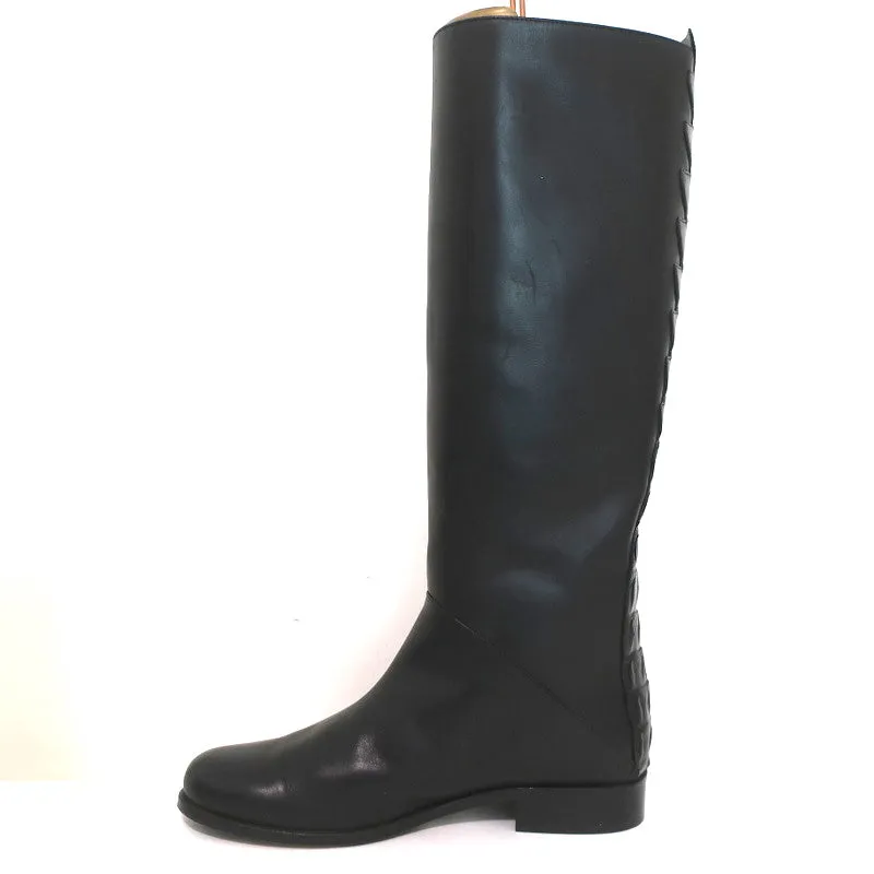 Fendi Riding Boots Black Croc-Trim Leather Size 36 Flat Knee High Boots