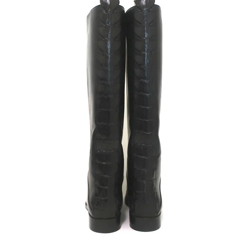 Fendi Riding Boots Black Croc-Trim Leather Size 36 Flat Knee High Boots