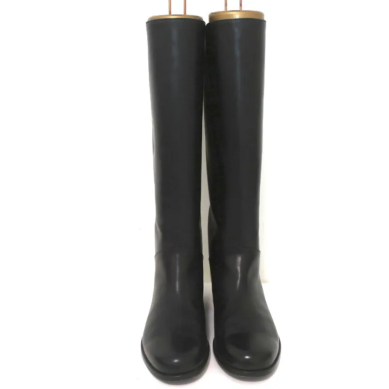 Fendi Riding Boots Black Croc-Trim Leather Size 36 Flat Knee High Boots
