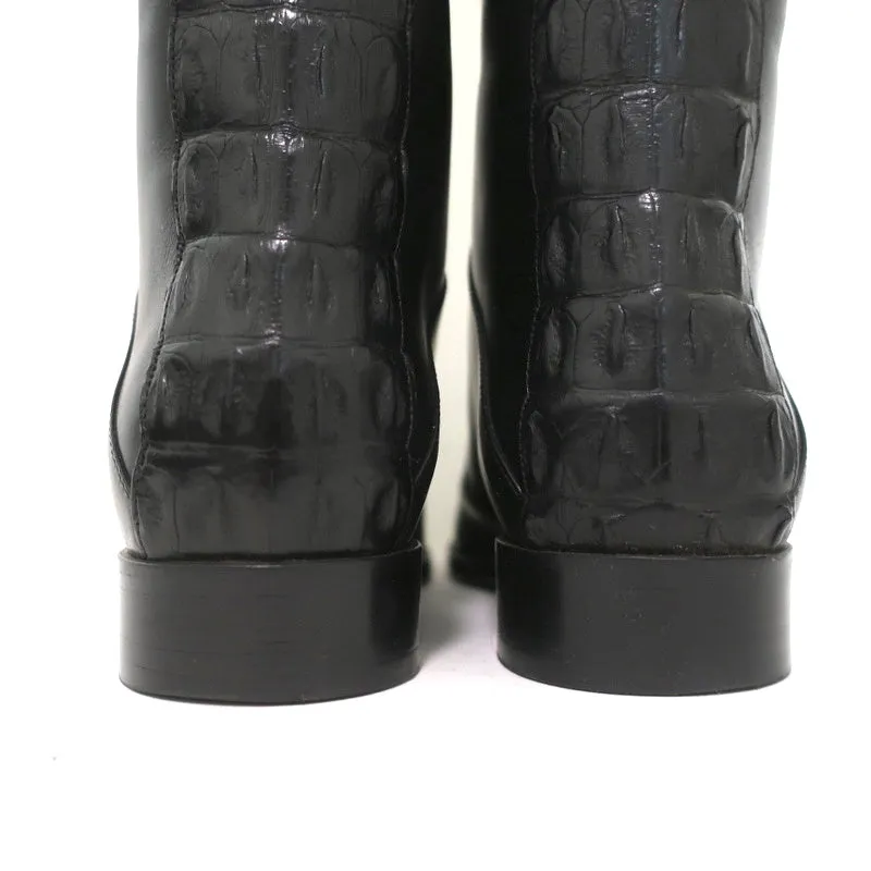 Fendi Riding Boots Black Croc-Trim Leather Size 36 Flat Knee High Boots