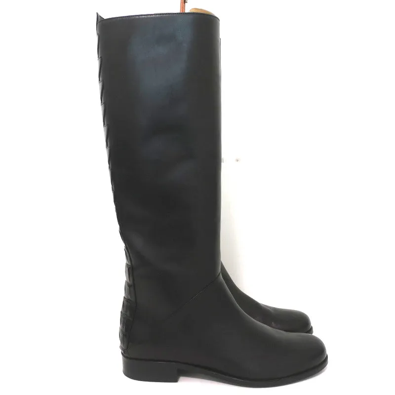 Fendi Riding Boots Black Croc-Trim Leather Size 36 Flat Knee High Boots
