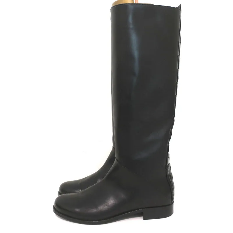 Fendi Riding Boots Black Croc-Trim Leather Size 36 Flat Knee High Boots