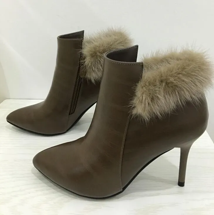 Fur Boots Thin High Heels 8cm Pointed Toe Winter Fur Boots Quality Shoes For Women Botas Fashion Shoes Woman