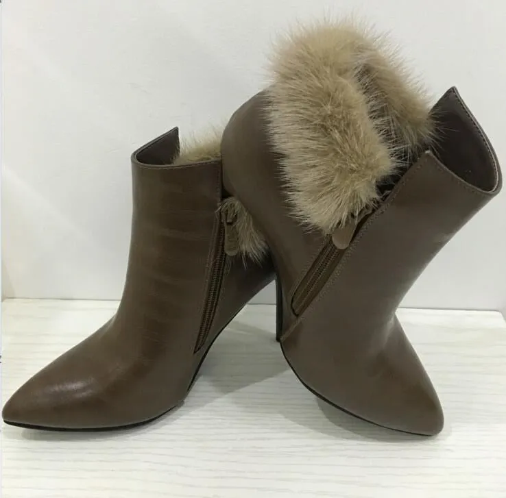 Fur Boots Thin High Heels 8cm Pointed Toe Winter Fur Boots Quality Shoes For Women Botas Fashion Shoes Woman