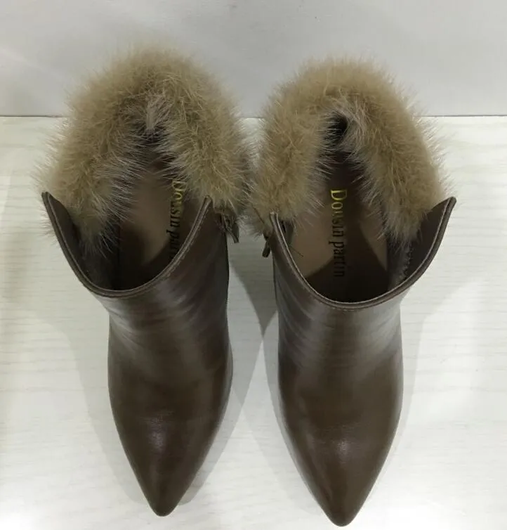 Fur Boots Thin High Heels 8cm Pointed Toe Winter Fur Boots Quality Shoes For Women Botas Fashion Shoes Woman