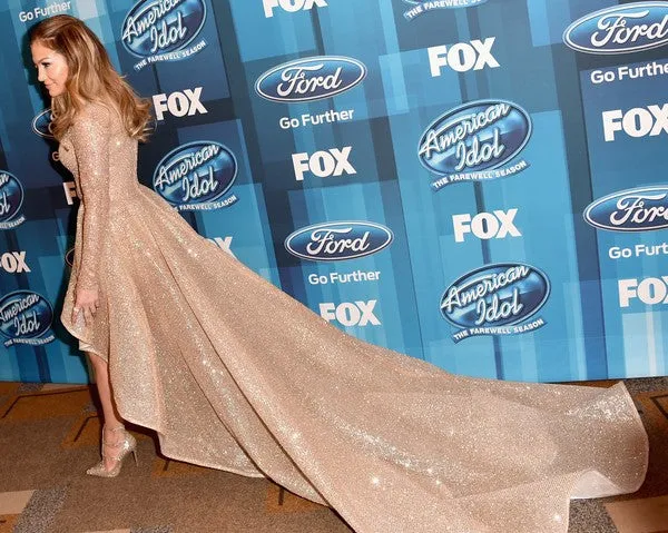 Gold Jennifer Lopez (J.Lo) Sparkly Sequin high Low Dress Long Sleeves Prom Celebrity Dress American Idol Finale