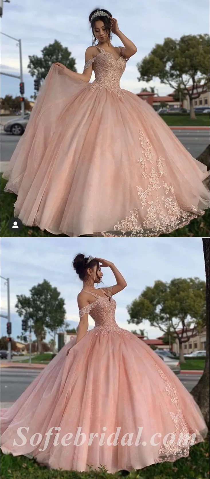Gorgeous Tulle Cold Shoulder V-Neck Sleeveless A-Line Long Prom Dresses/Ball Gown With Applique And Beading,SFPD0516