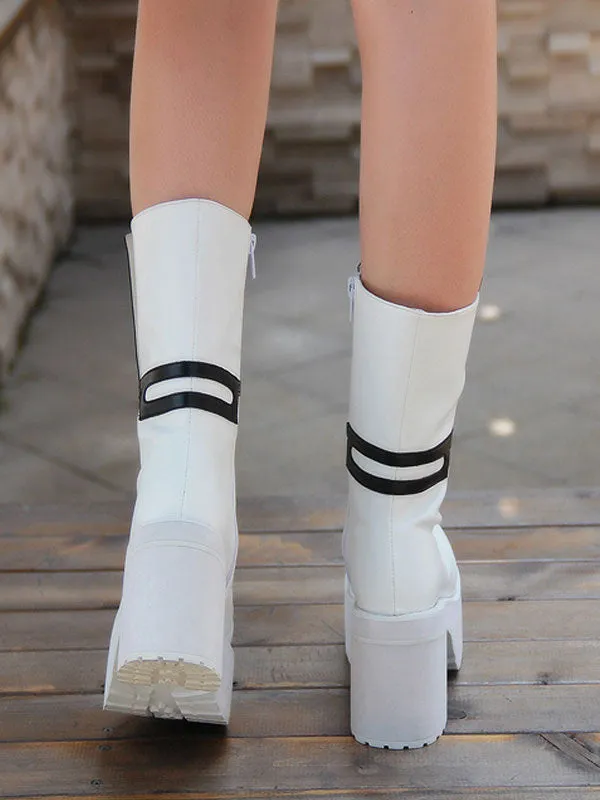 Gothic Lolita Boots Black Punk Cross Platform Chunky Heel Round Toe Lolita Short Boots