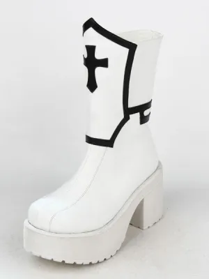 Gothic Lolita Boots Black Punk Cross Platform Chunky Heel Round Toe Lolita Short Boots