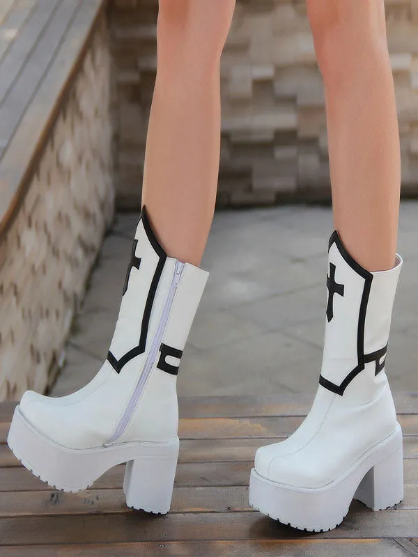 Gothic Lolita Boots Black Punk Cross Platform Chunky Heel Round Toe Lolita Short Boots