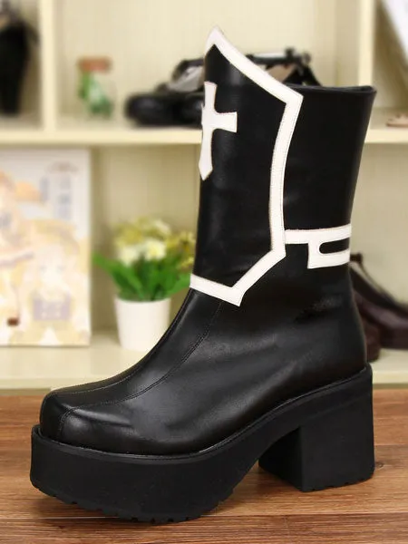 Gothic Lolita Boots Black Punk Cross Platform Chunky Heel Round Toe Lolita Short Boots