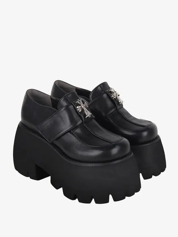 Gothic Lolita Footwear Black Cross Metal Details Round Toe PU Leather Lolita Shoes