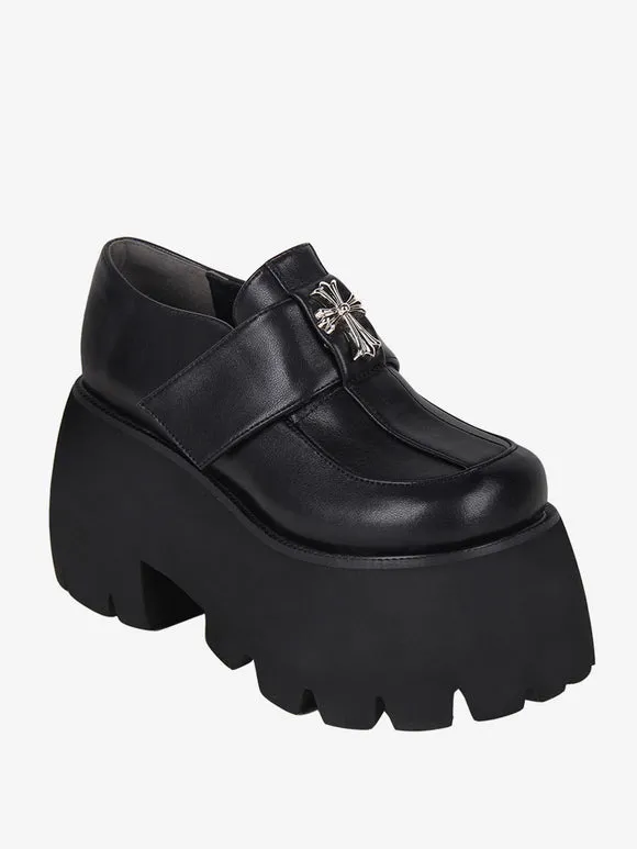 Gothic Lolita Footwear Black Cross Metal Details Round Toe PU Leather Lolita Shoes