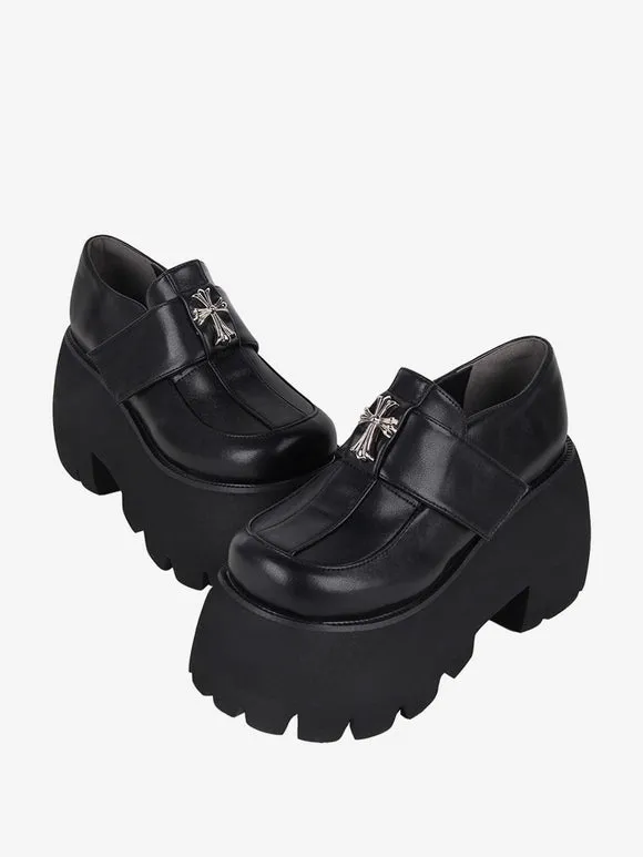 Gothic Lolita Footwear Black Cross Metal Details Round Toe PU Leather Lolita Shoes