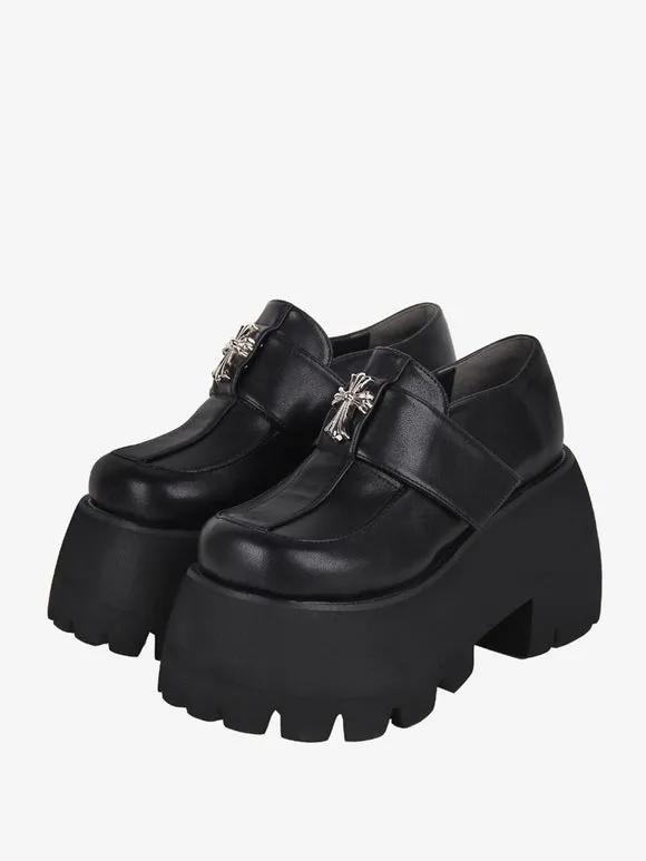 Gothic Lolita Footwear Black Cross Metal Details Round Toe PU Leather Lolita Shoes