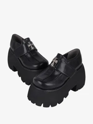 Gothic Lolita Footwear Black Cross Metal Details Round Toe PU Leather Lolita Shoes